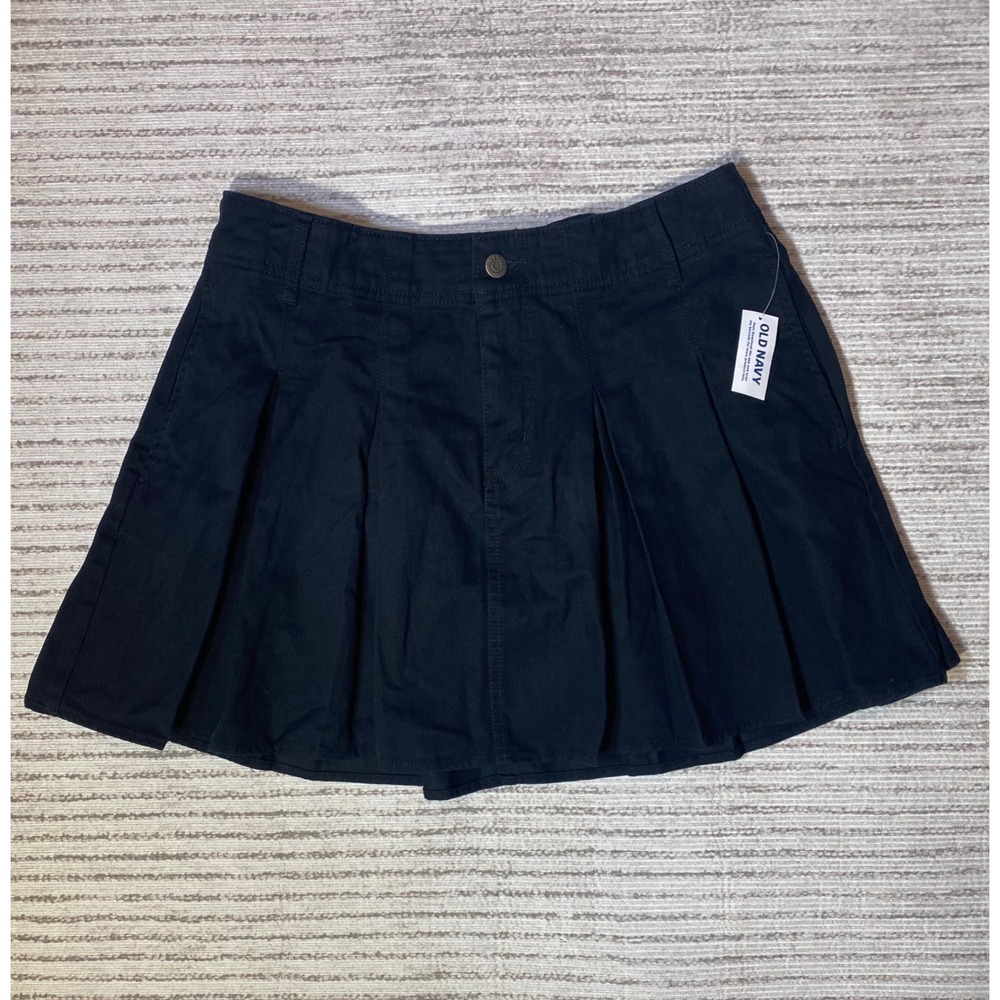 Old Navy Womens Black Pleated Mini Skirt Size L Elastic Back Cotton Twill Pocket